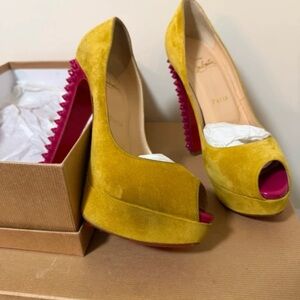 Christian Louboutin Yellow Suede Peep-Toe Platform Pumps with Pink Accents